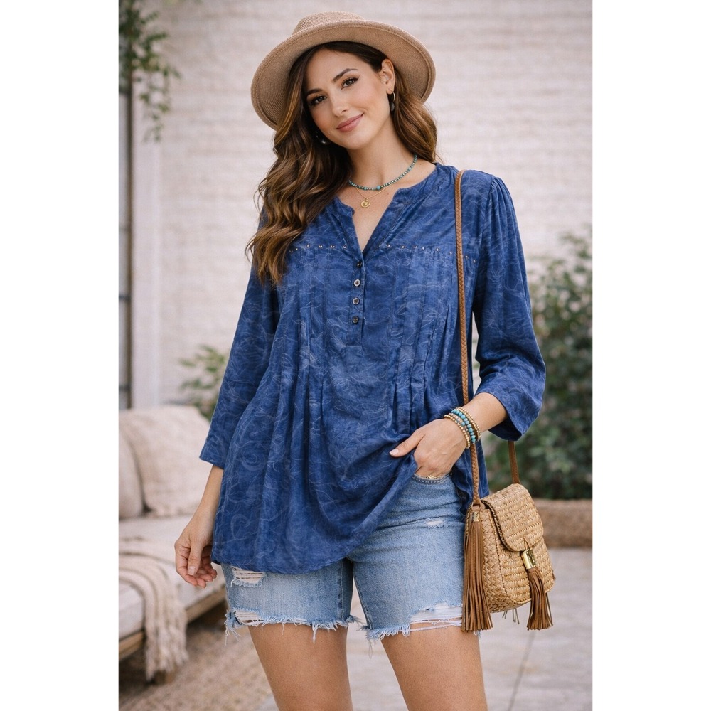 Shannon Ford NY Pintuck Tunic Top Women's M Blue Studded Babydoll Boho Chic